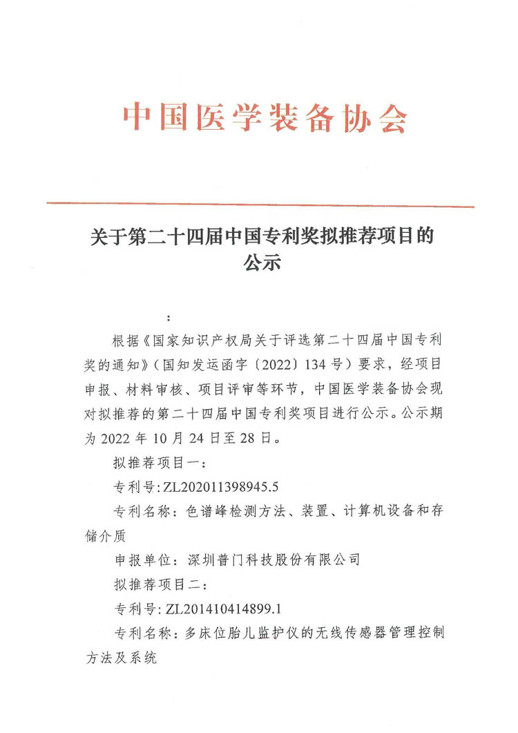 关于第二十四届中国专利奖拟推荐项目的公示(图1)